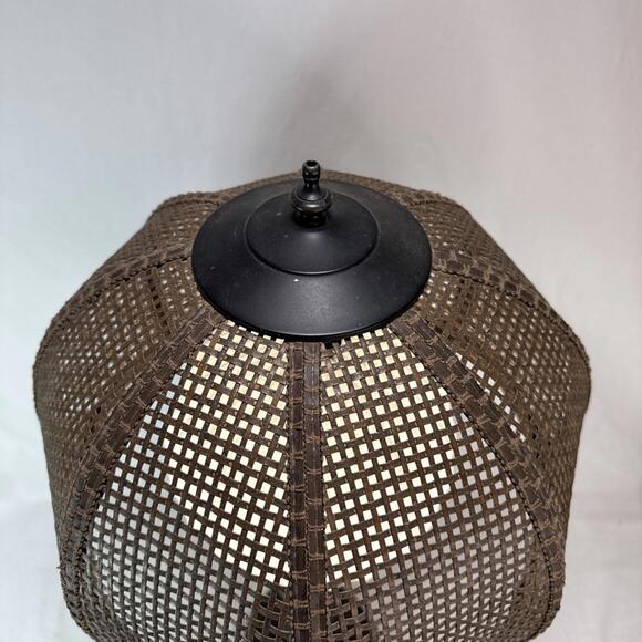 Vintage 70's Tropical BAMBOO LAMP Wicker Shade White Glass Globe Boho Chic - Picture 6 of 15